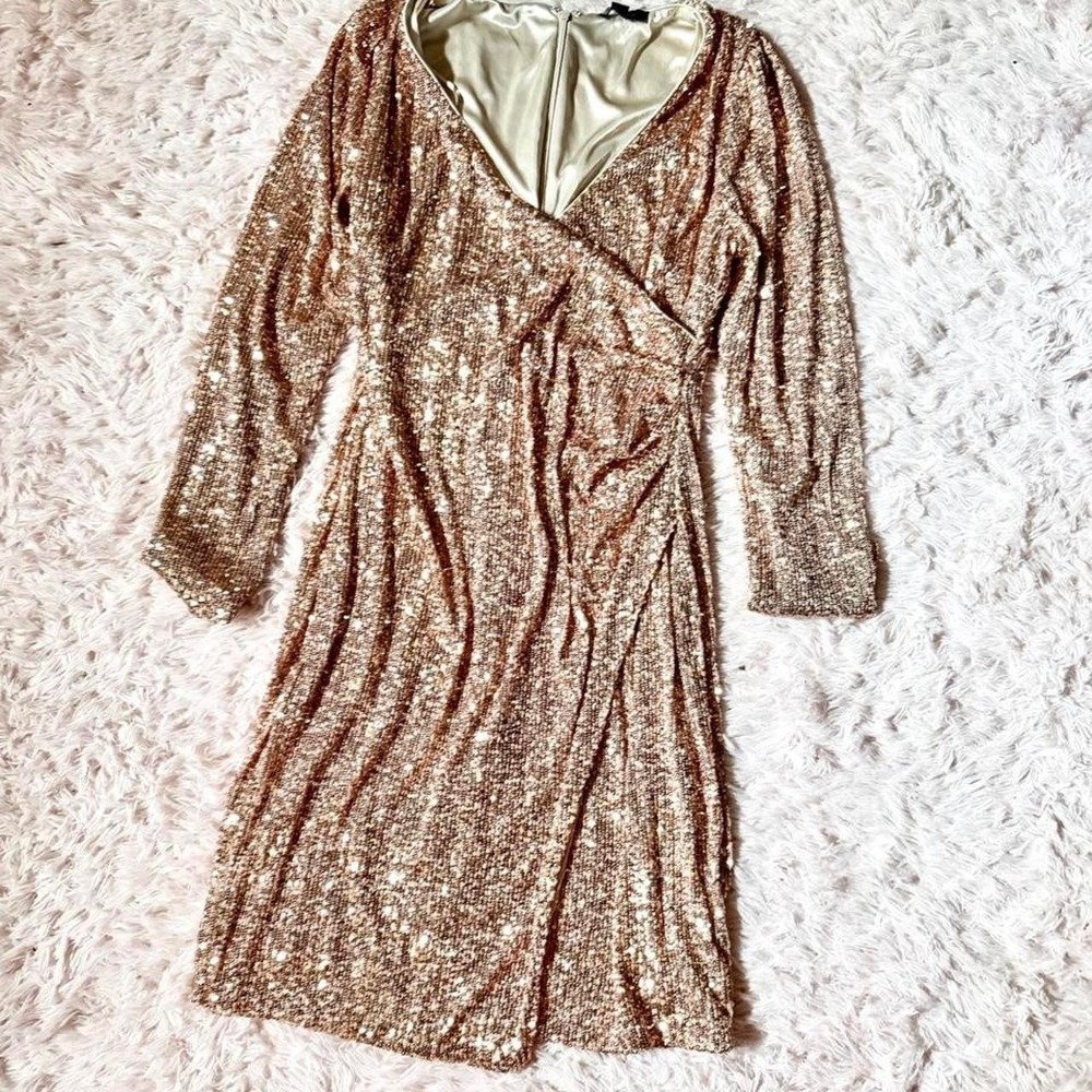 Rose Gold Glamour Birthday Party Occasion Wrap Dress Womens L Whimsical Sequin